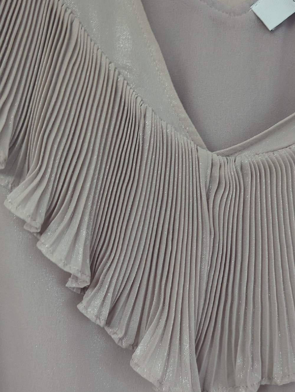 Adelyn Rae Pleated Ruffle V-Neck Blouse - Taupe - Picture 3 of 9